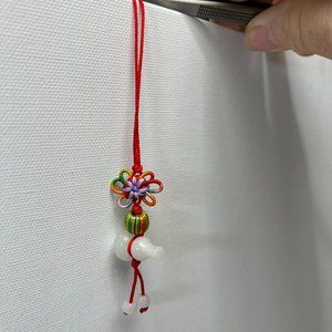 NWOT Asian Chinese Jade Gourd & small pearl shapped tassels balls red silk decor